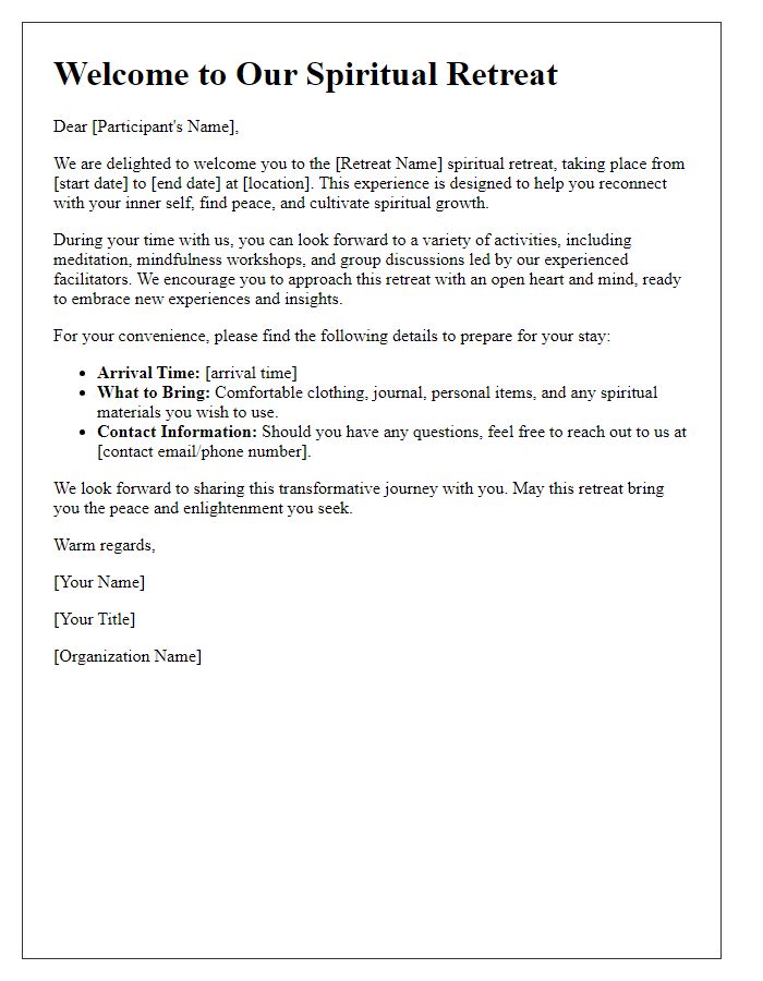 Letter template of welcome message for a spiritual retreat