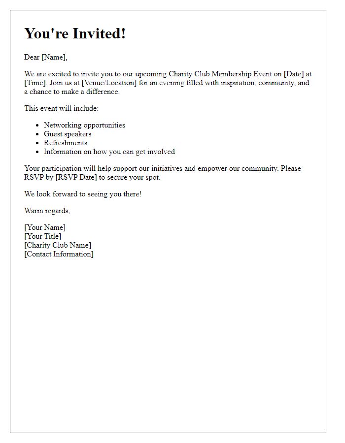 Letter template of charity club membership event invitation.