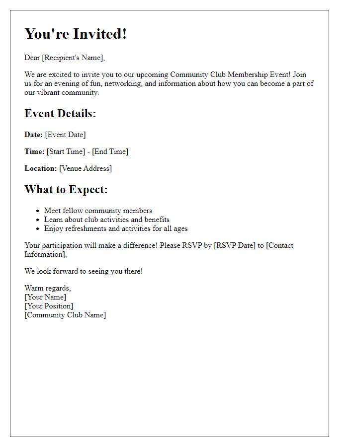 Letter template of community club membership event invitation.