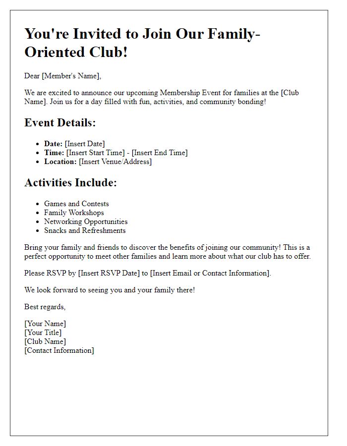 Letter template of family-oriented club membership event invitation.