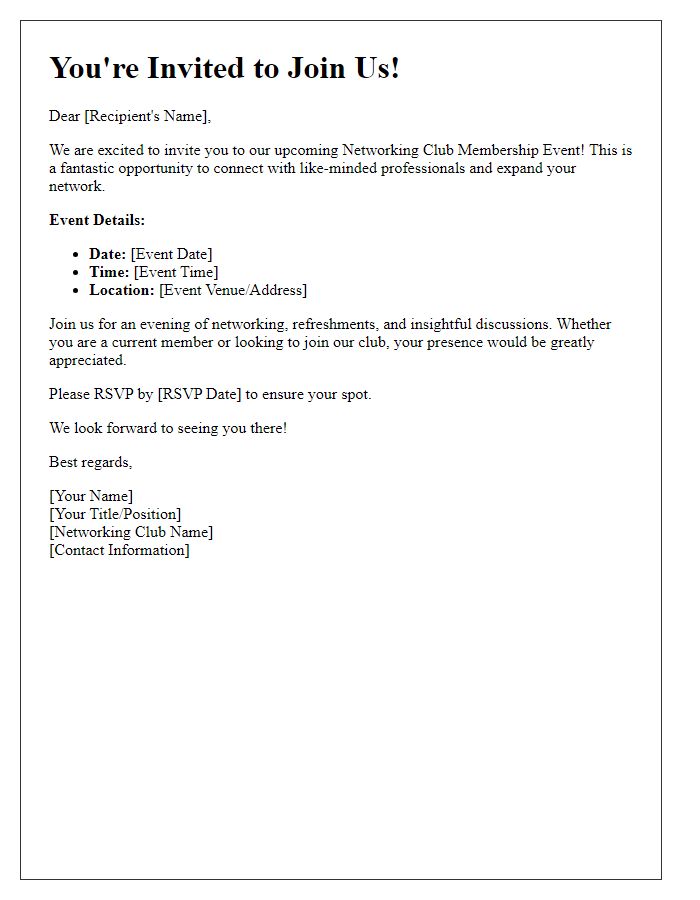 Letter template of networking club membership event invitation.