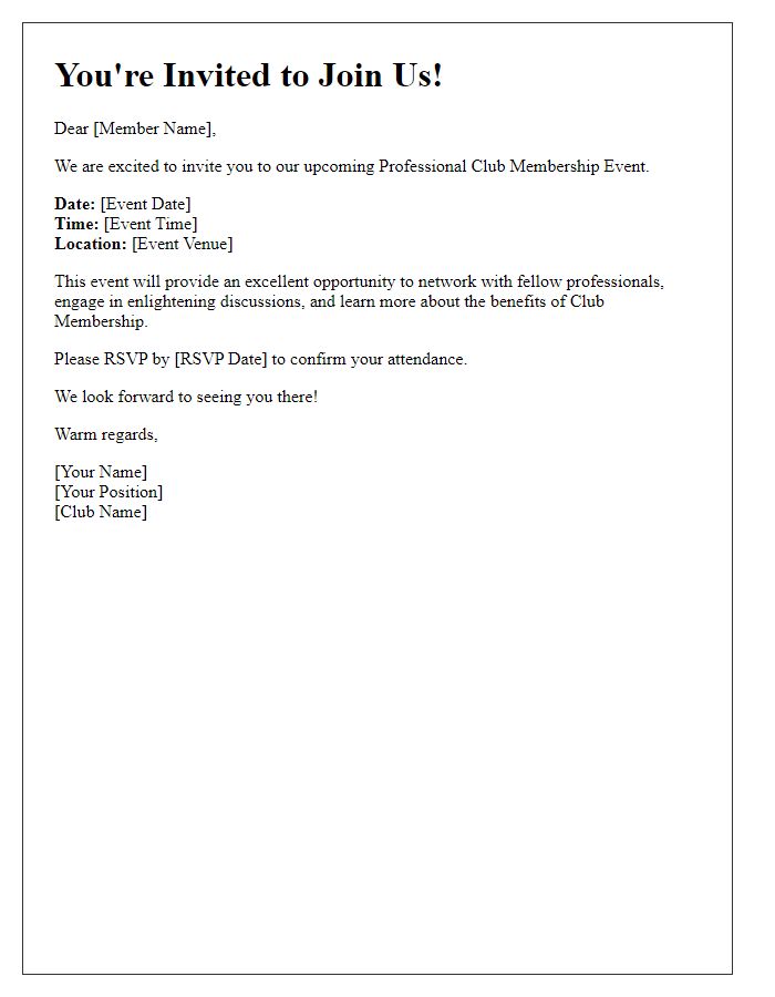 Letter template of professional club membership event invitation.