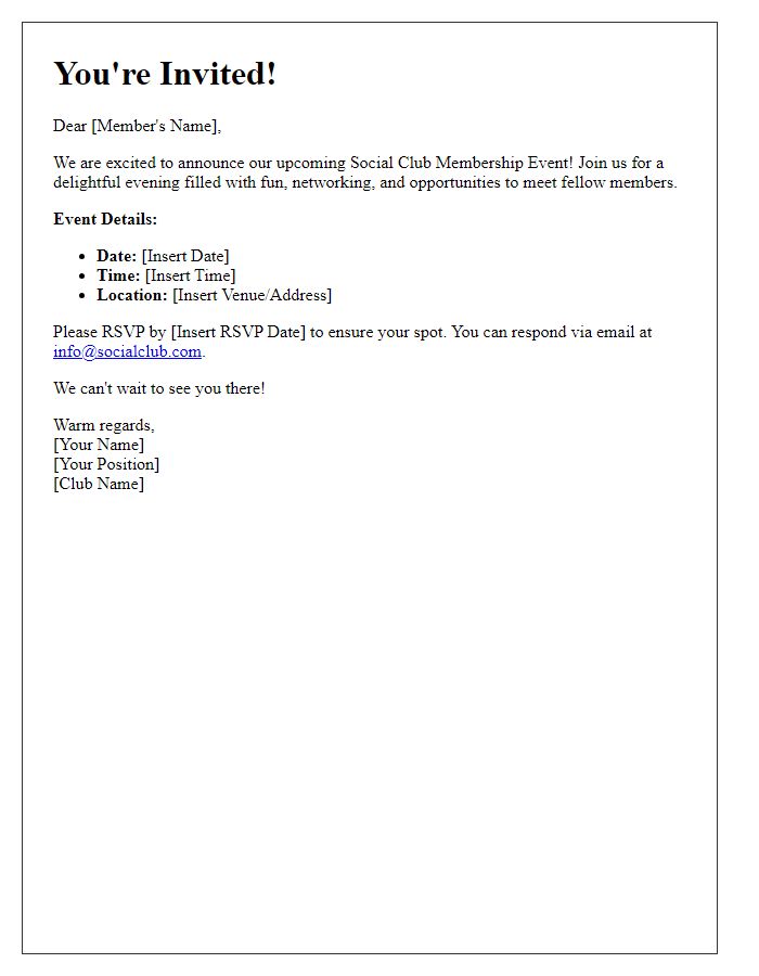 Letter template of social club membership event invitation.