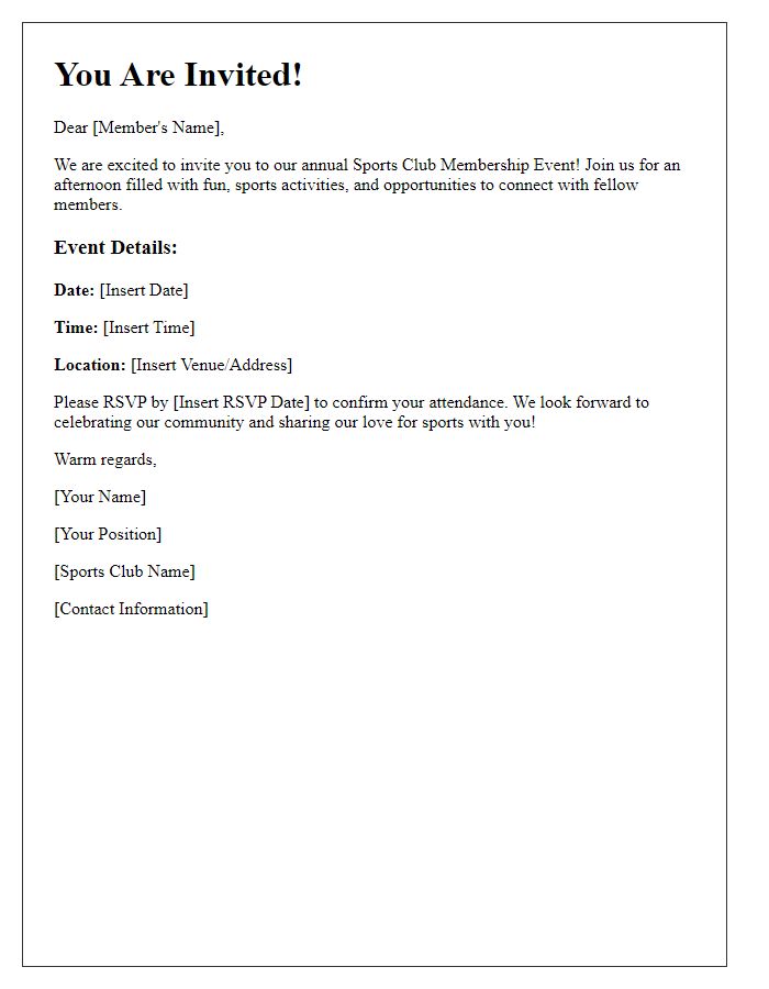 Letter template of sports club membership event invitation.