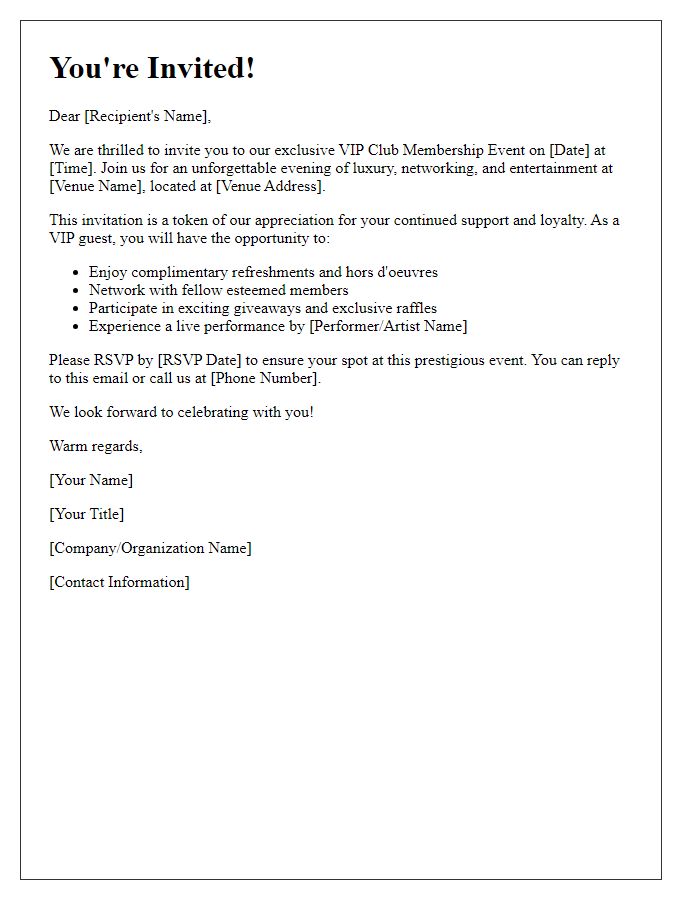 Letter template of VIP club membership event invitation.