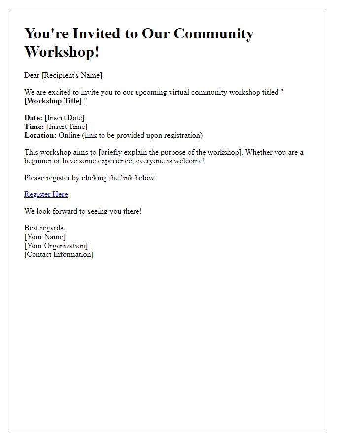 Letter template of virtual event invitation for a community workshop.