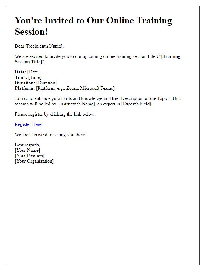 Letter template of virtual event invitation for an online training session.