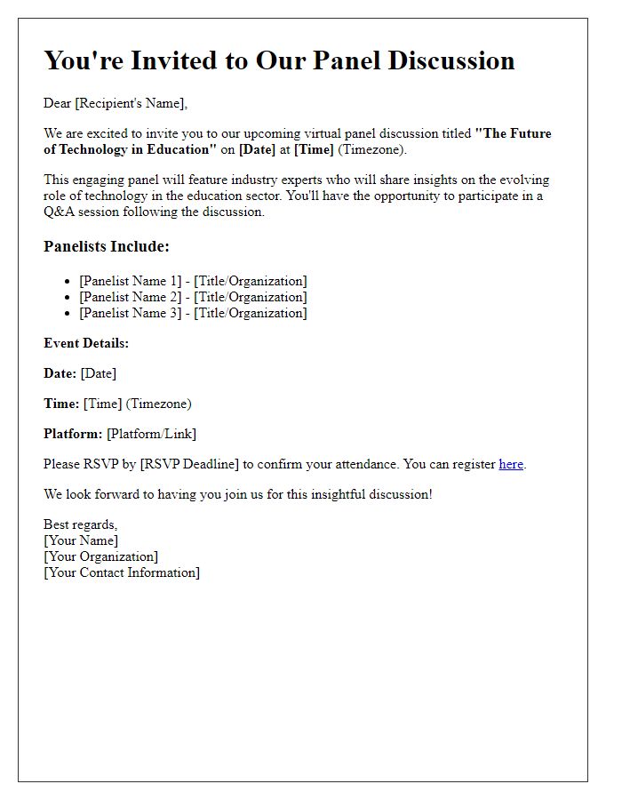 Letter template of virtual event invitation for a panel discussion.