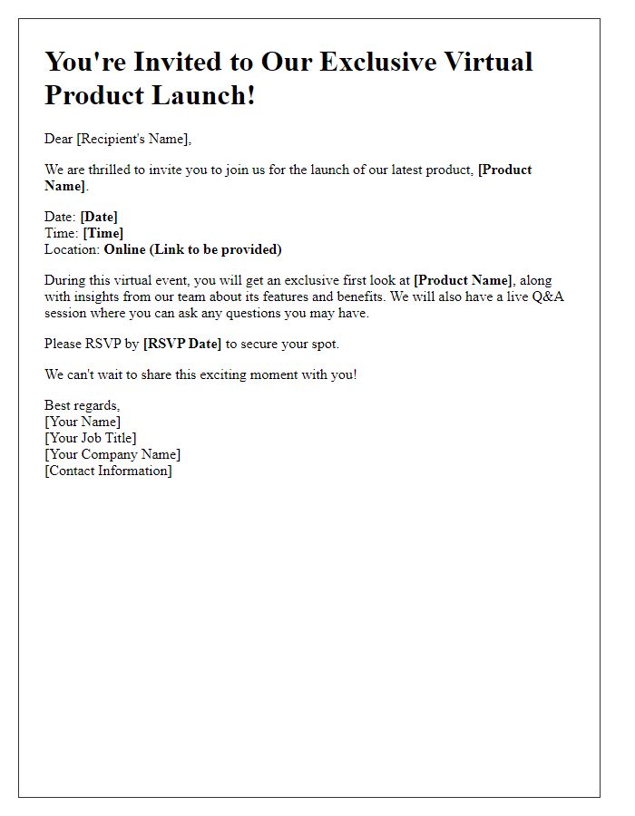 Letter template of virtual event invitation for a product launch.