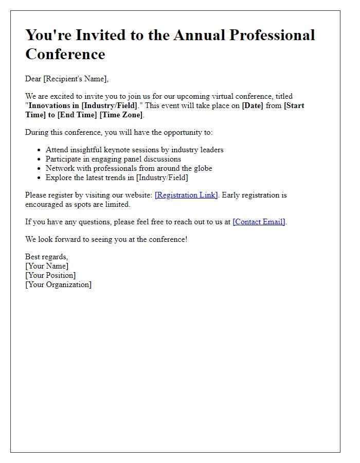 Letter template of virtual event invitation for a professional conference.