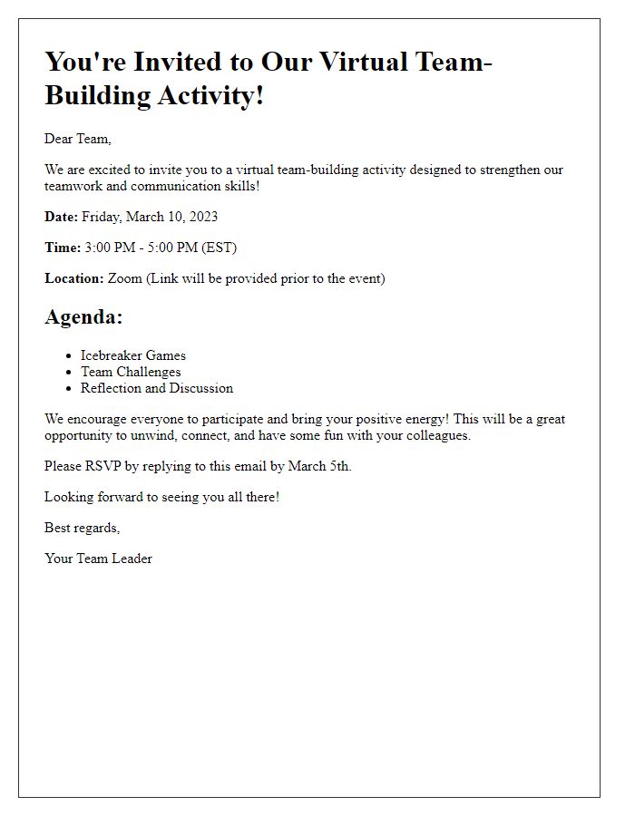 Letter template of virtual event invitation for a team-building activity.