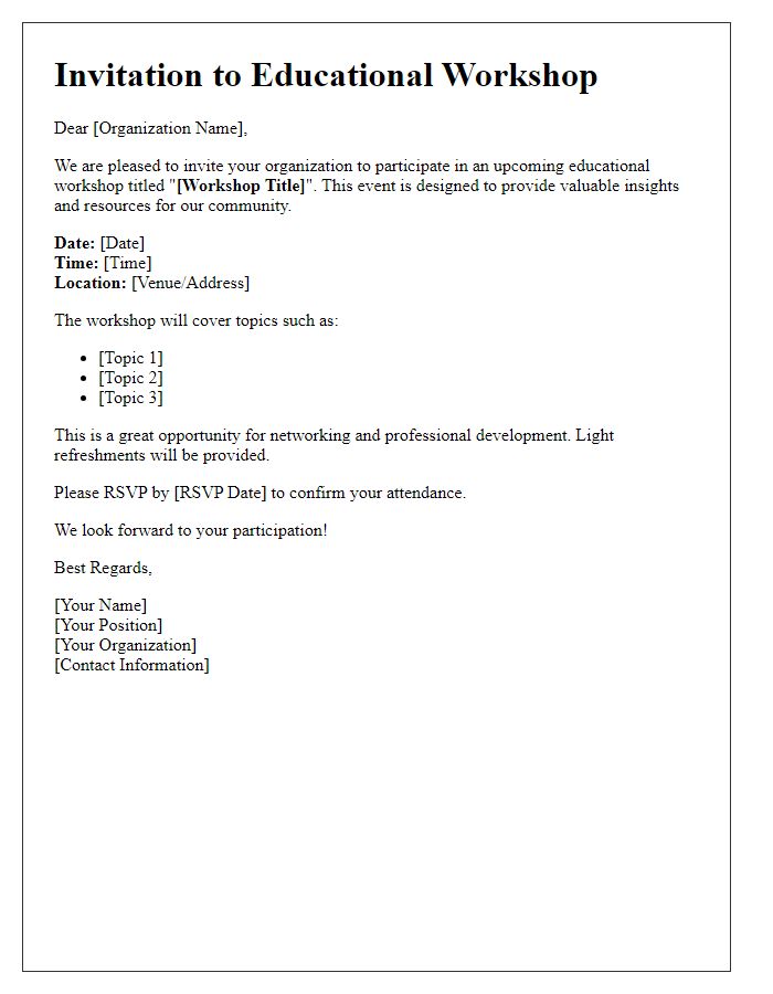 Letter template of educational workshop invitation for local organizations