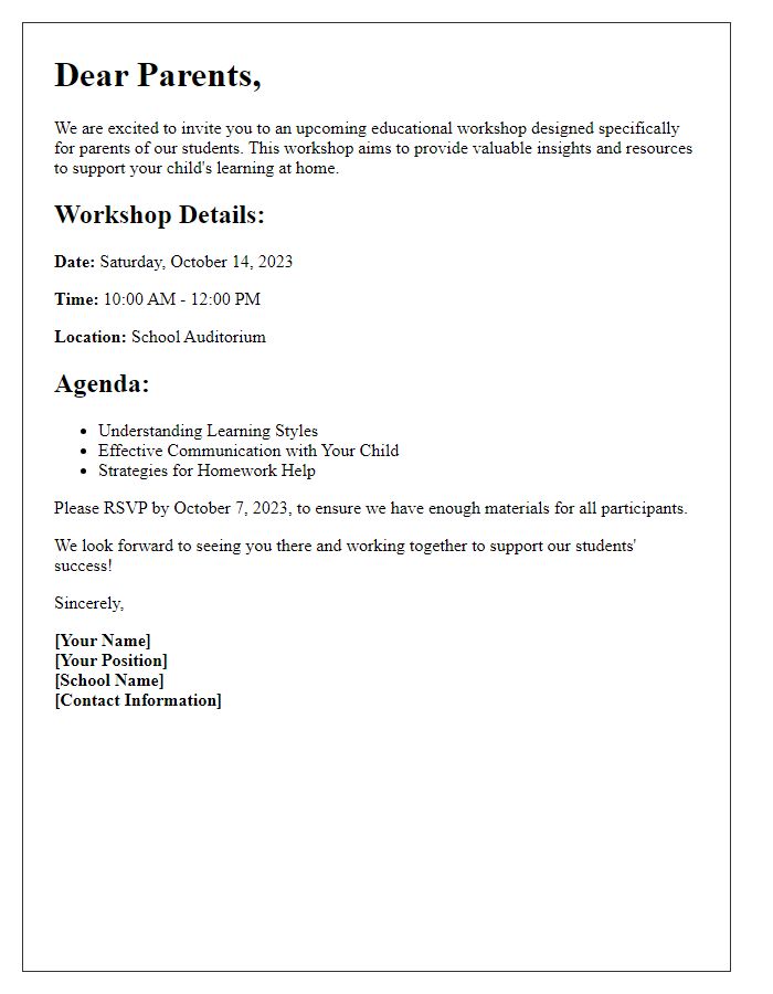 Letter template of educational workshop invitation for parents