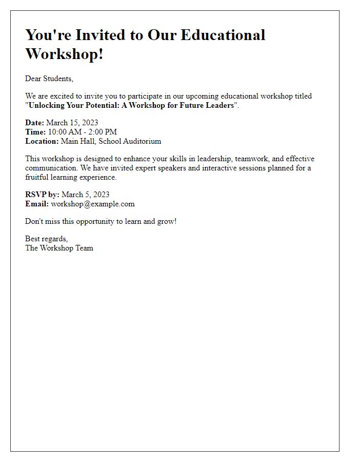 Letter template of educational workshop invitation for students