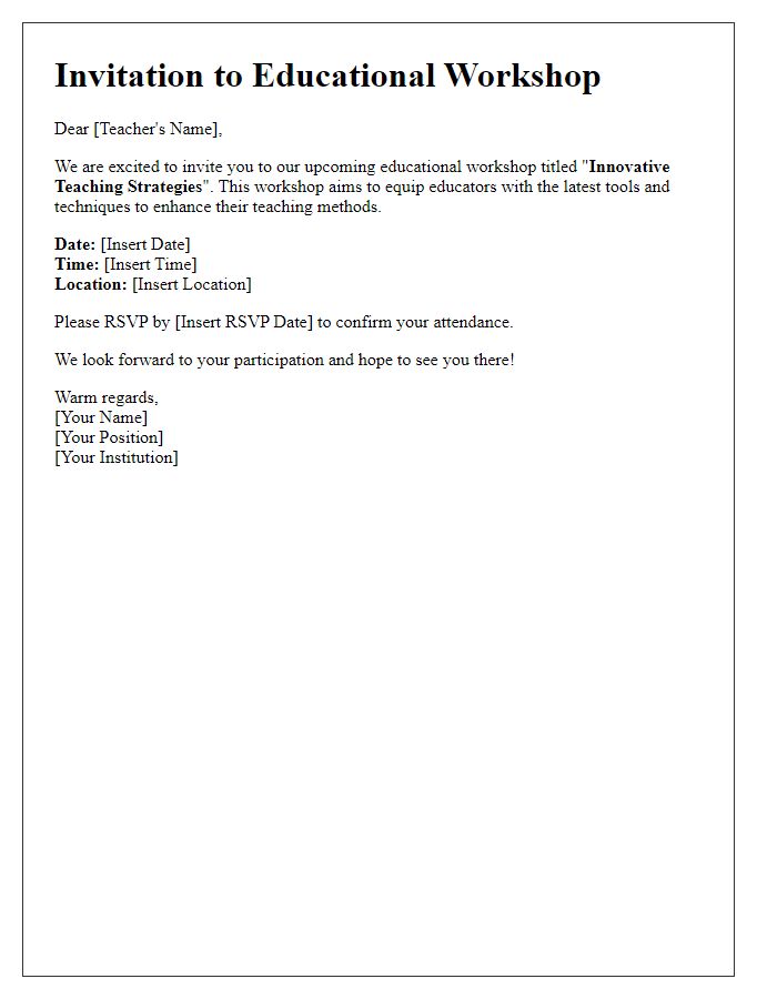 Letter template of educational workshop invitation for teachers