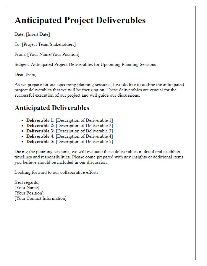 Letter template of anticipated project deliverables for planning sessions