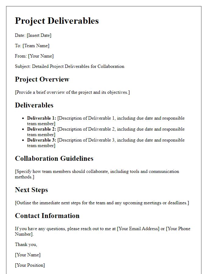 Letter template of detailed project deliverables for team collaboration