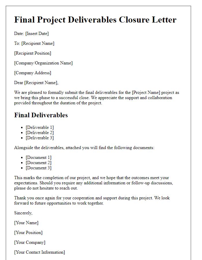 Letter template of final project deliverables for project closure