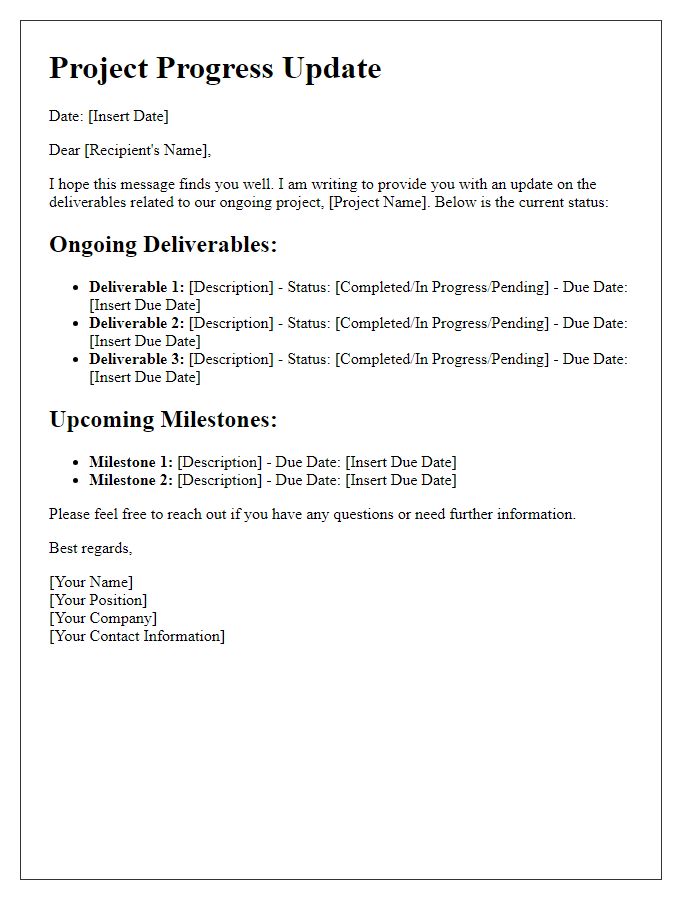 Letter template of ongoing project deliverables for progress updates