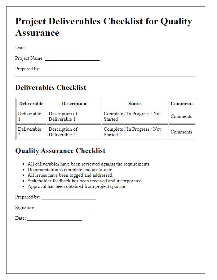 Letter template of project deliverables checklist for quality assurance