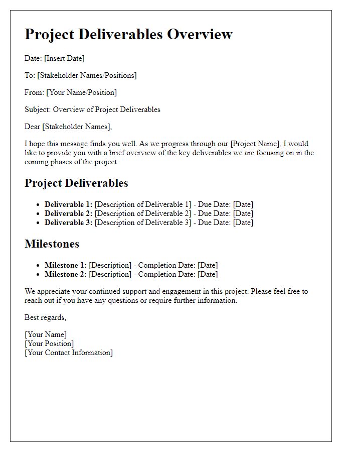 Letter template of project deliverables overview for stakeholders