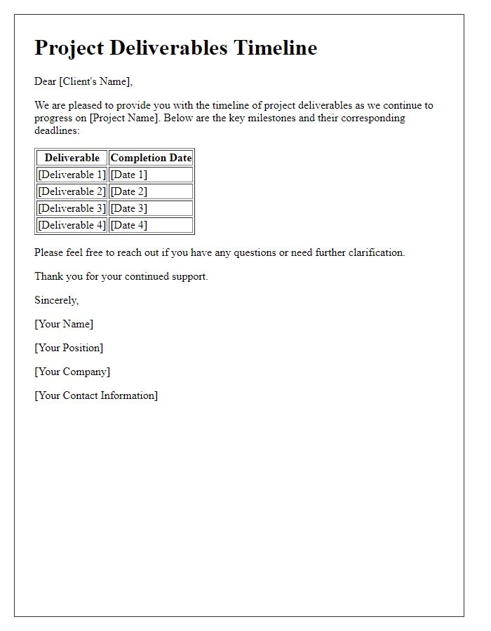 Letter template of project deliverables timeline for client communication