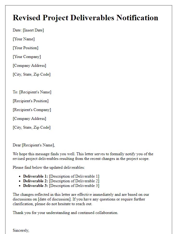 Letter template of revised project deliverables for scope changes