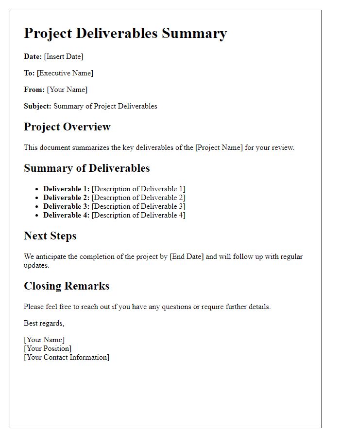 Letter template of summarized project deliverables for executive briefing