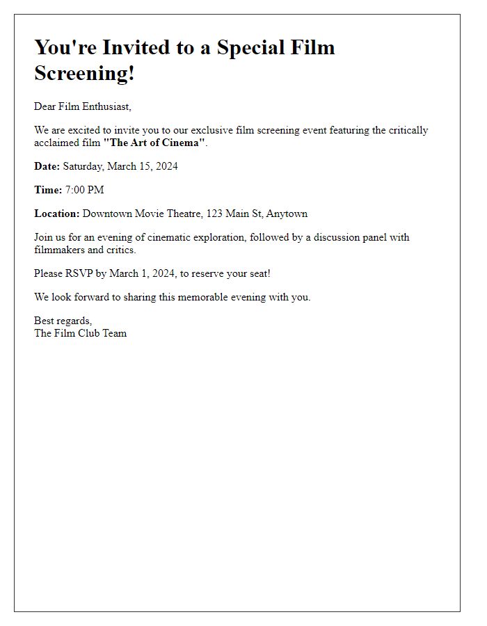 Letter template of film screening event invitation for enthusiasts