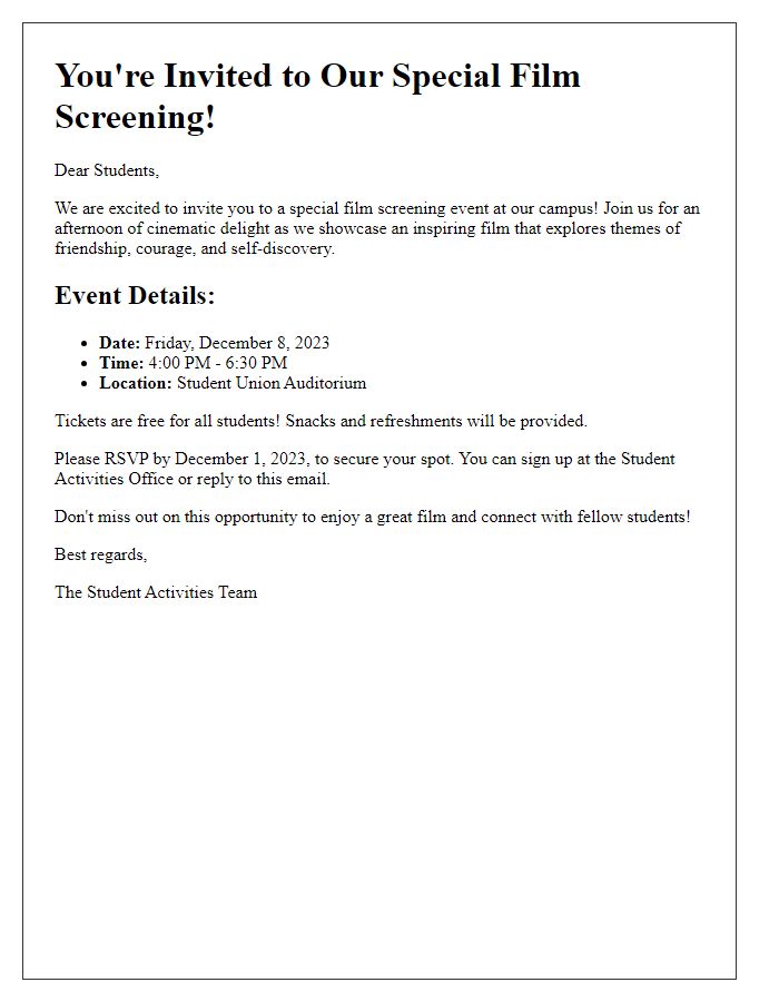 Letter template of film screening event invitation for students