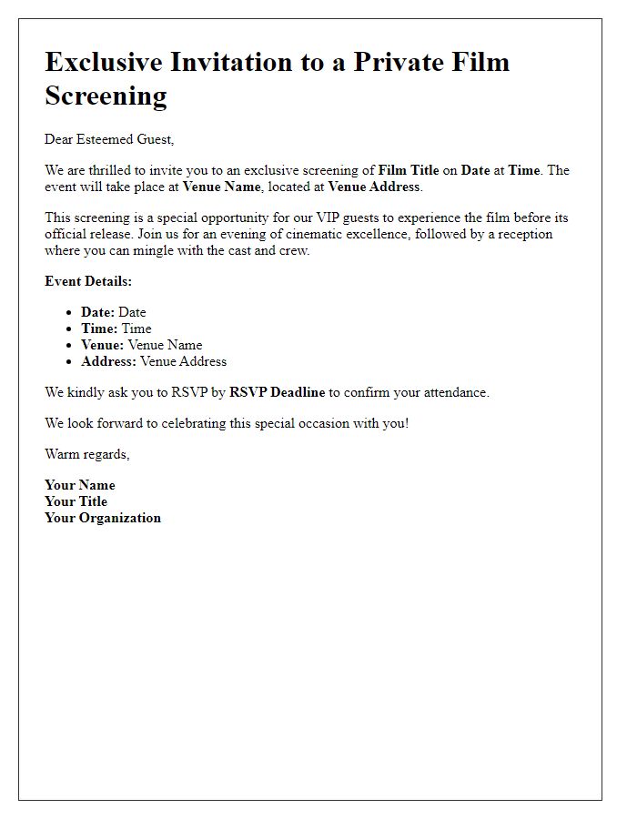 Letter template of film screening event invitation for VIP guests