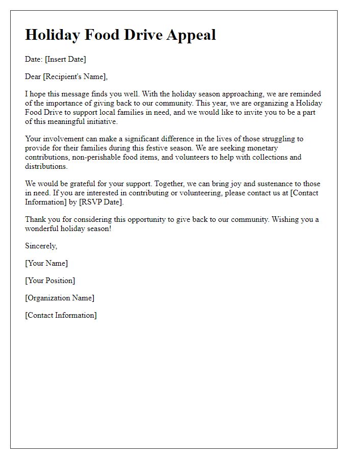 Letter template of appeal for involvement in a holiday food drive