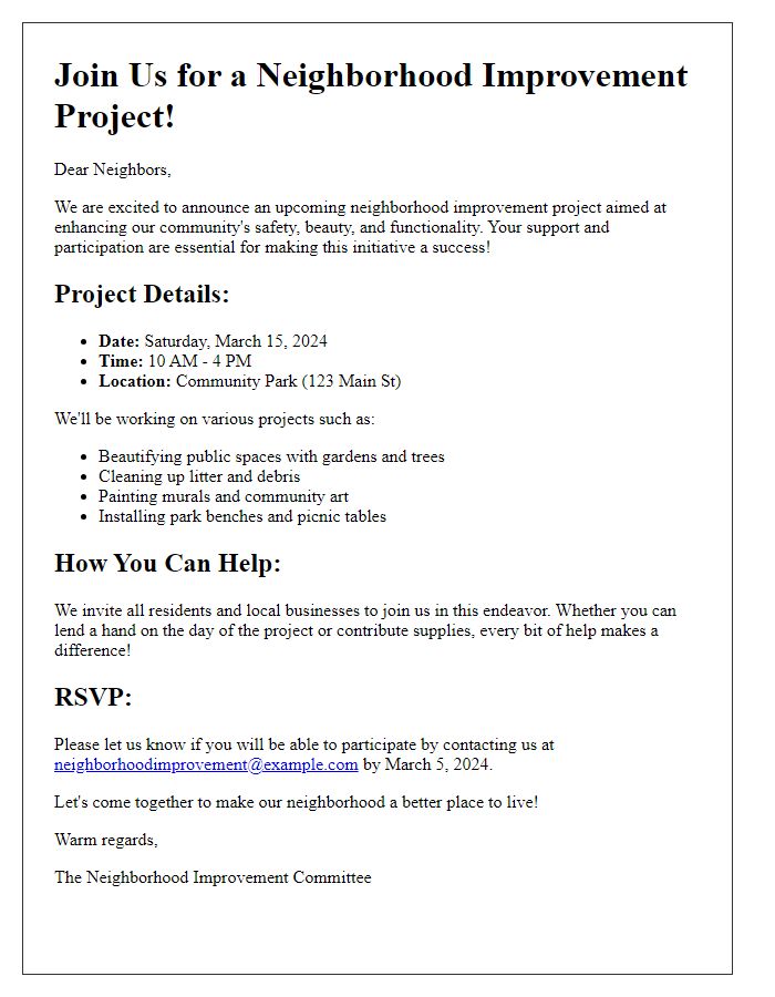 Letter template of call to action for a neighborhood improvement project