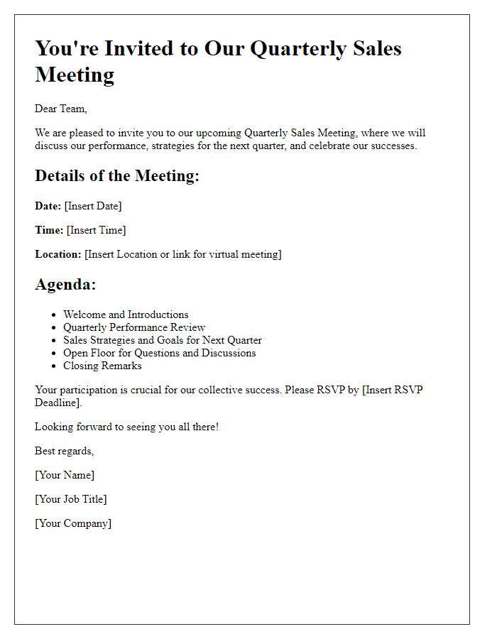 Letter template of Quarterly Sales Meeting Invitation