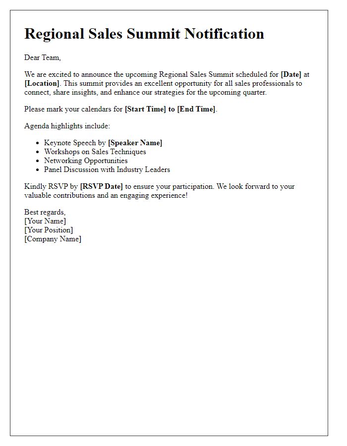 Letter template of Regional Sales Summit Notification