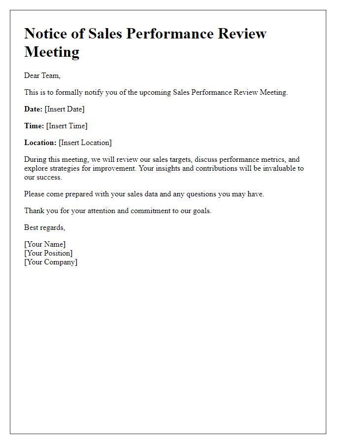 Letter template of Sales Performance Review Meeting Notice