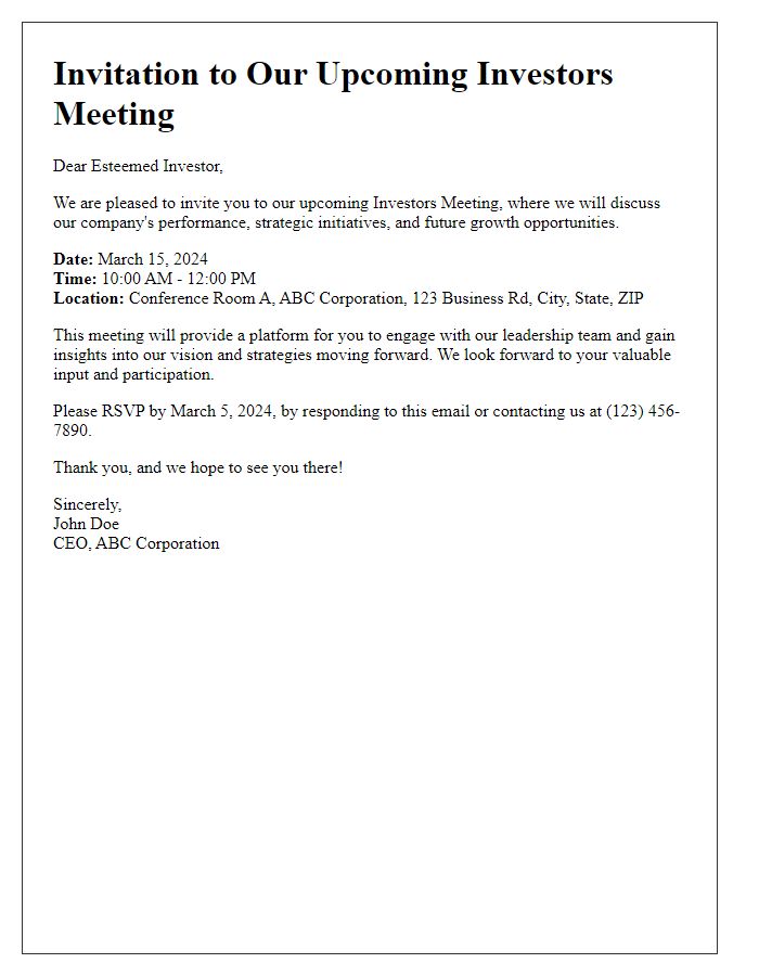 Letter template of Invitation to Investors Meeting Event