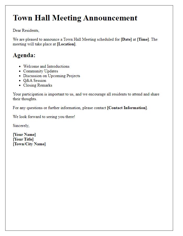 Letter template of Announcement for Town Hall Meeting Agenda