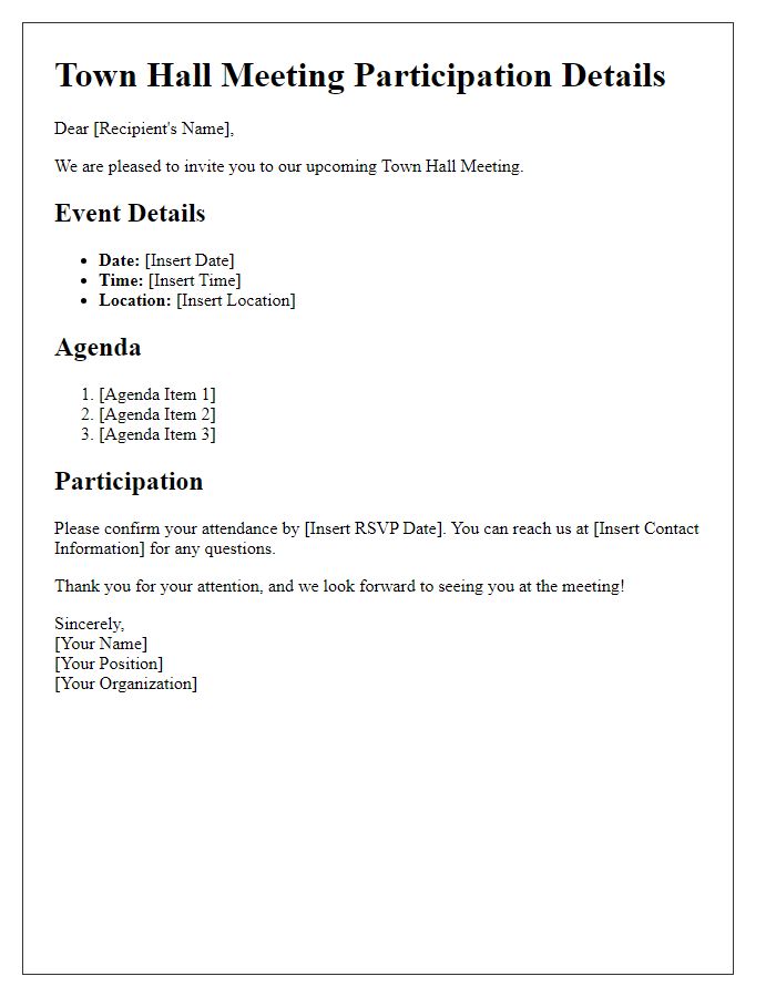 Letter template of Details for Town Hall Meeting Participation