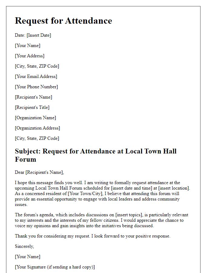 Letter template of Request for Attendance at Local Town Hall Forum