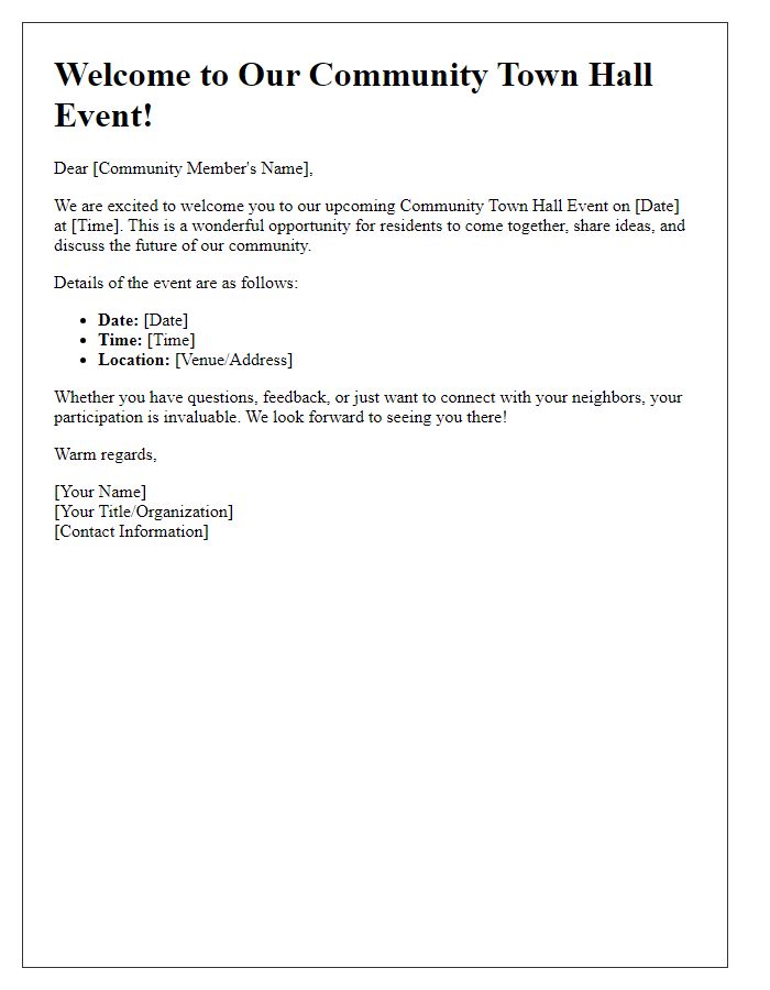 Letter template of Welcome to Our Community Town Hall Event