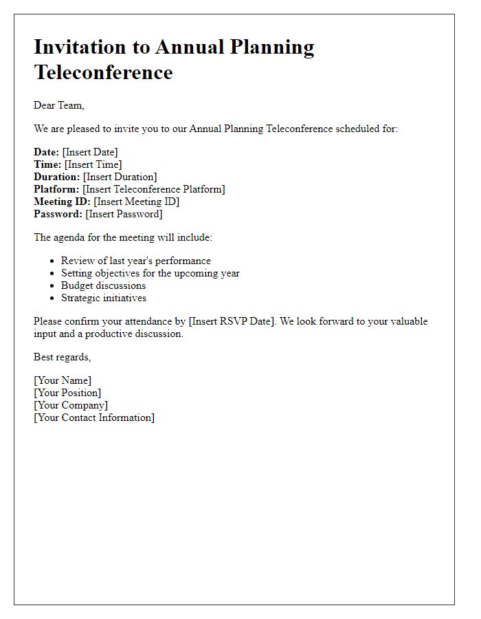 Letter template of teleconference meeting invitation for annual planning