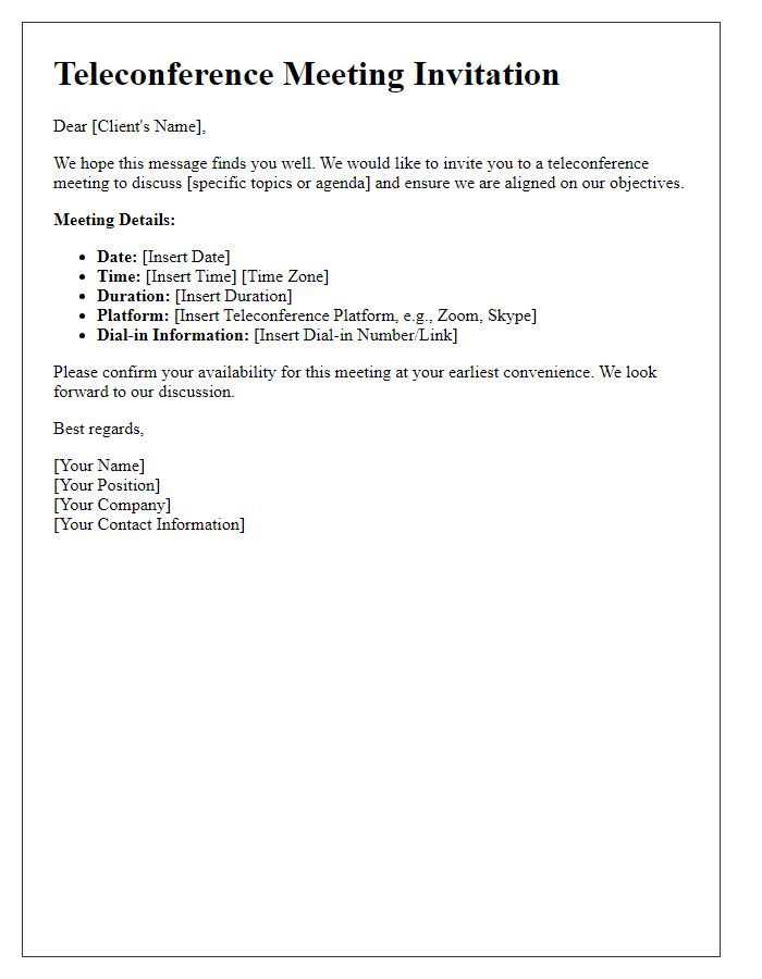 Letter template of teleconference meeting invitation for client consultation