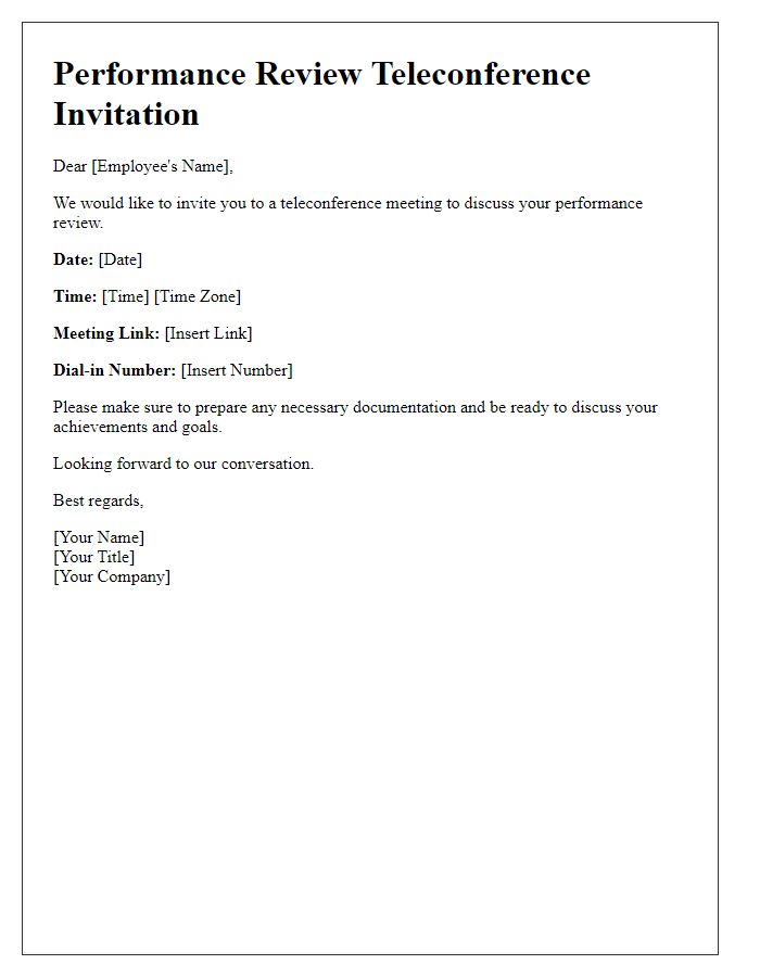 Letter template of teleconference meeting invitation for performance review