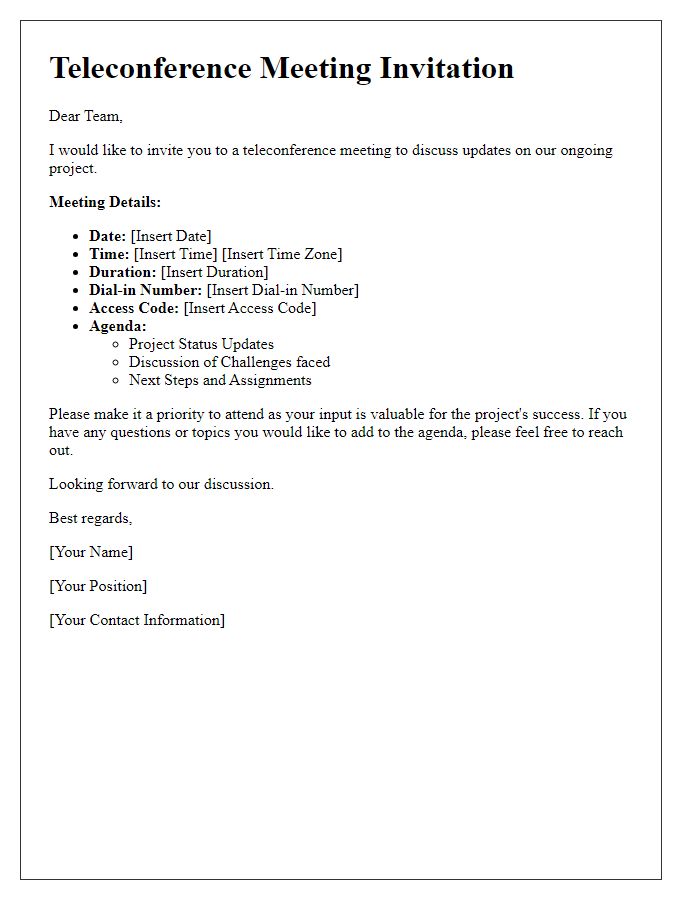 Letter template of teleconference meeting invitation for project updates