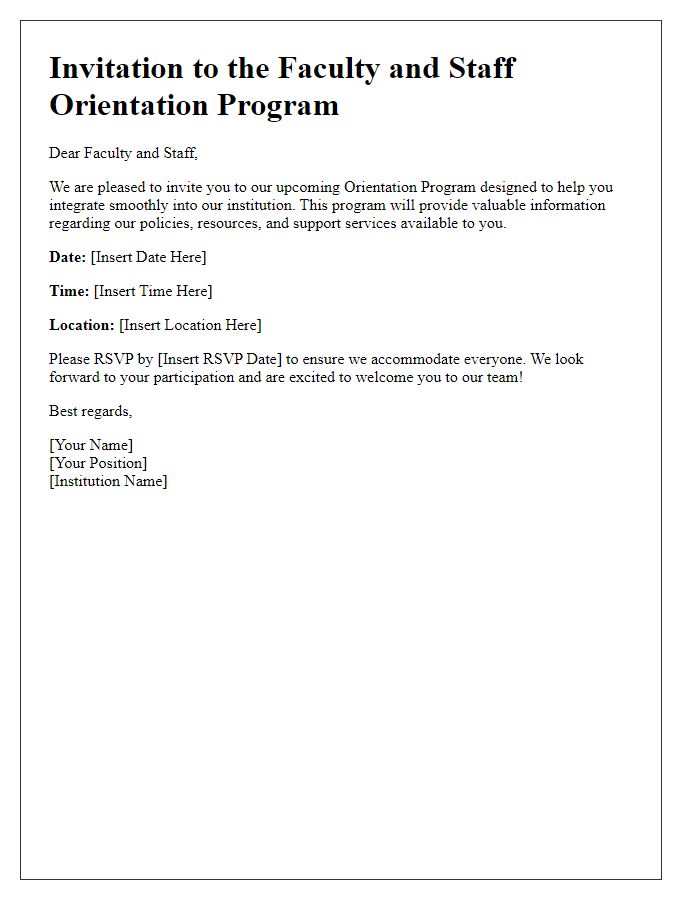 Letter template of orientation program invitation for faculty and staff