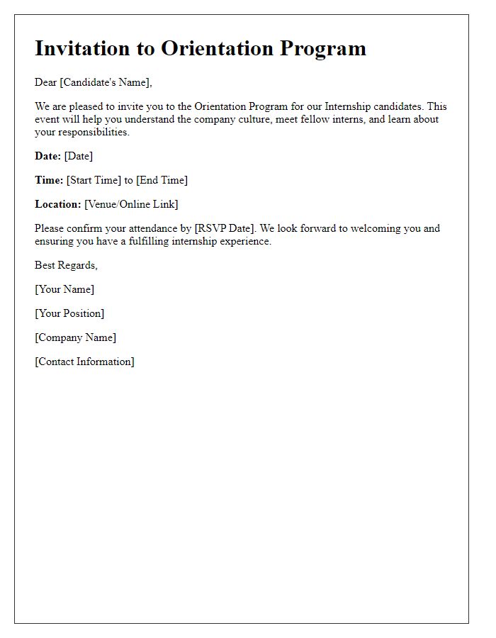 Letter template of orientation program invitation for internship candidates