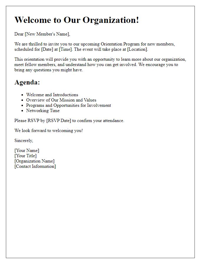 Letter template of orientation program invitation for new members of an organization