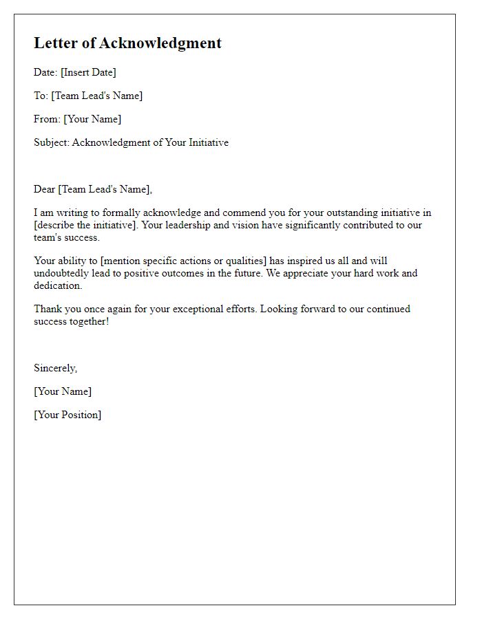 Letter template of acknowledgment for team lead's initiative