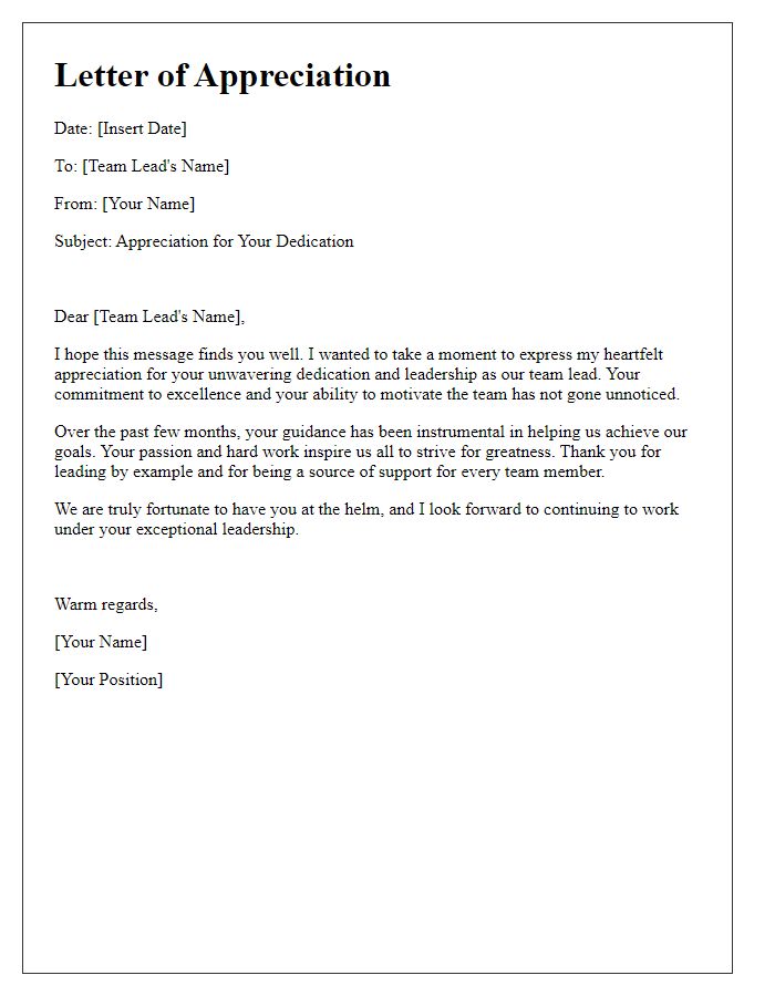 Letter template of appreciation for team lead's dedication